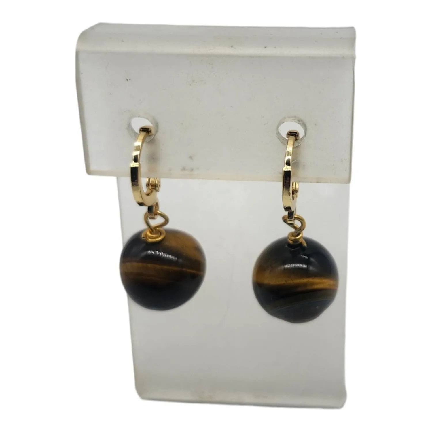 Tiger Eye Earrings for Women and Girls, with 18K Gold Plating, Round Shape, 1.25Ct, Gift for Her (Tiger eye earring with Huggie ear wire)