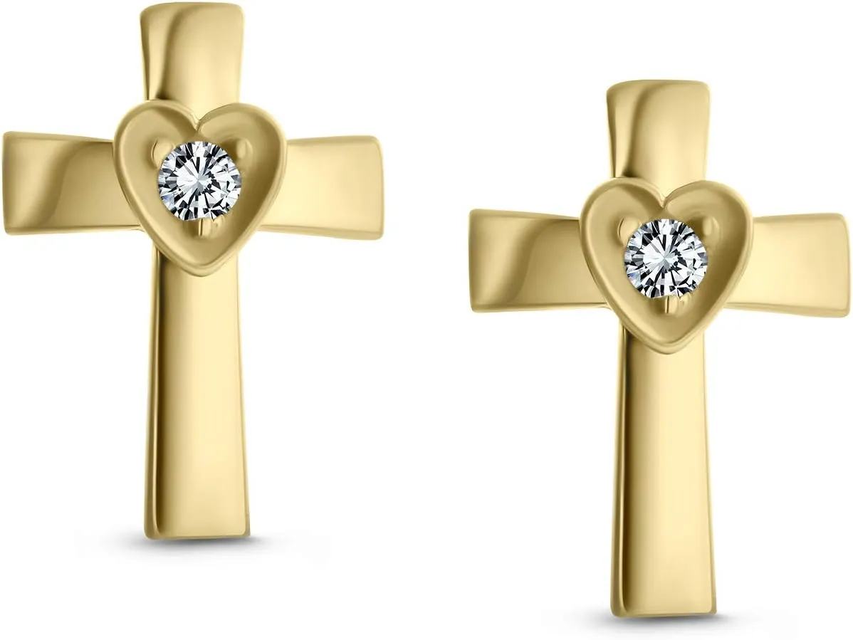 Tiny Minimalist Christian Religious Ichthus Jesus Fish or Black Gold Crucifix Cross Real Two Tone Yellow 14K Gold Stud Earring For Women Teen Safety Screw Back
