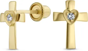 Tiny Minimalist Christian Religious Ichthus Jesus Fish or Black Gold Crucifix Cross Real Two Tone Yellow 14K Gold Stud Earring For Women Teen Safety Screw Back