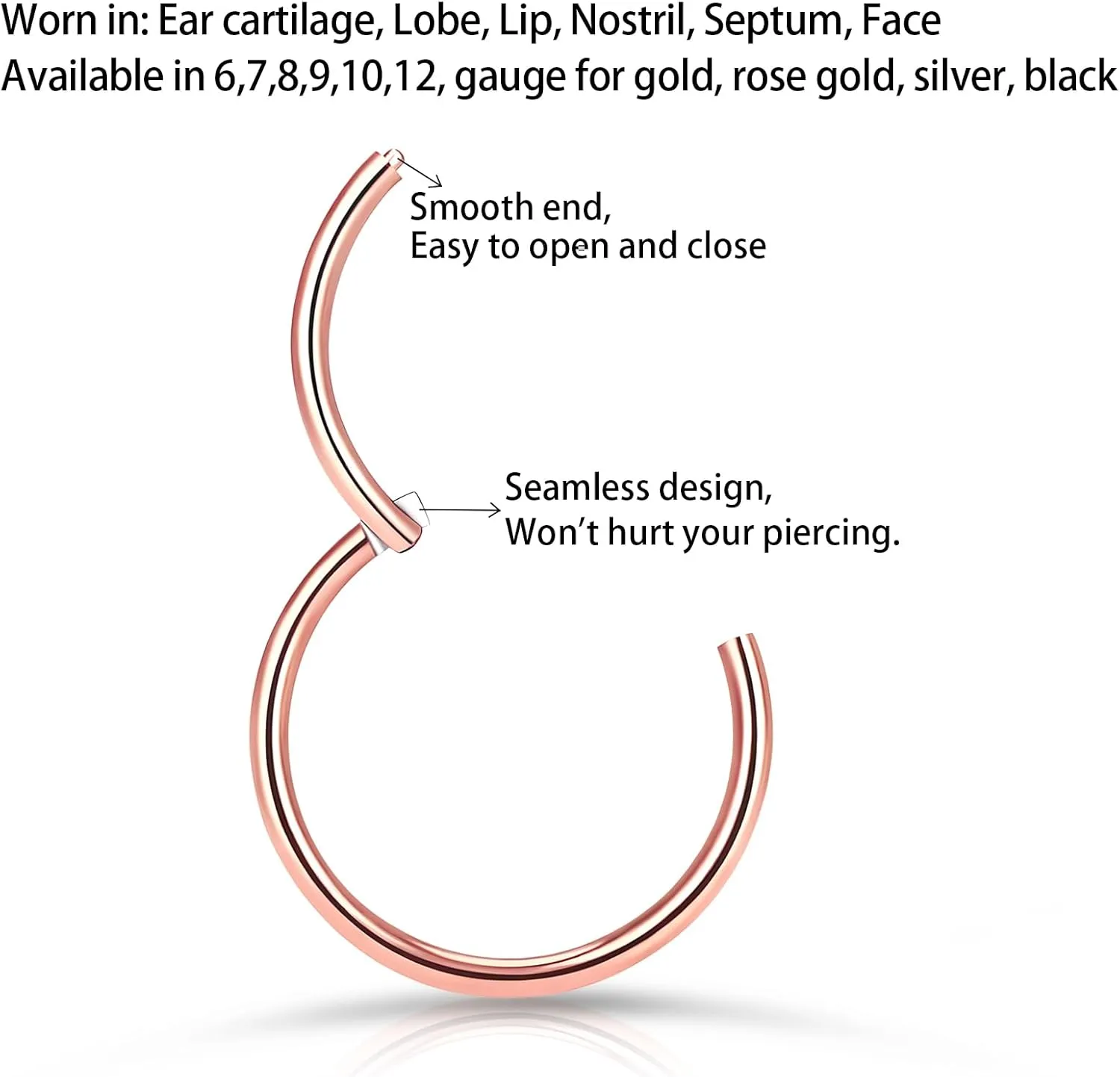 Titanium Nose Rings 20G 18G 16G Nose Rings Hoops Septum Clicker Hinged Segment Ring Cartilage Helix Tragus Conch Daith Rook Hoop Earring, Diameter 5mm to 12mm Silver-Gold-Rose Gold-Black Hoop Ring