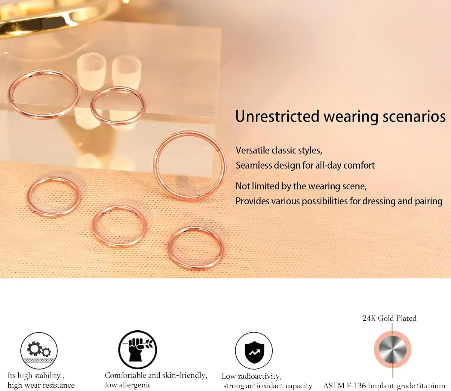 Titanium Nose Rings 20G 18G 16G Nose Rings Hoops Septum Clicker Hinged Segment Ring Cartilage Helix Tragus Conch Daith Rook Hoop Earring, Diameter 5mm to 12mm Silver-Gold-Rose Gold-Black Hoop Ring