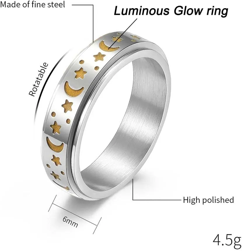 Titanium Stainless Steel Spinner Rings Moon and Star Fidget Ring Stress Relieving Anxiety Ring Engagement Wedding Promise Band for Women Men Size 5-12