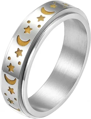 Titanium Stainless Steel Spinner Rings Moon and Star Fidget Ring Stress Relieving Anxiety Ring Engagement Wedding Promise Band for Women Men Size 5-12