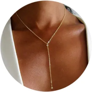 TOBENY Gold Long Lariat Necklace for Women Danity Y Necklace 14k Gold Plated Y-Shaped Pendant Necklace Beaded CZ Circle Drop Necklaces Jewelry Gift for Wedding