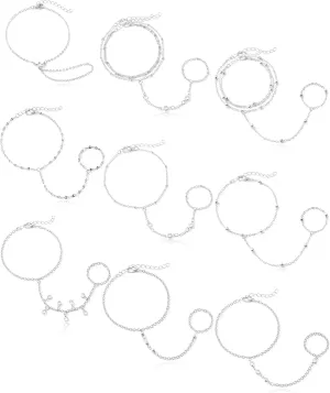 Tornito 9Pcs Hand Chain Bracelet for Women 18k Gold Plated Ring Bracelet Cubic Zircon Bead Flower Finger Bracelet Hand Jewelry Silver Gold Tone Size Adjustable