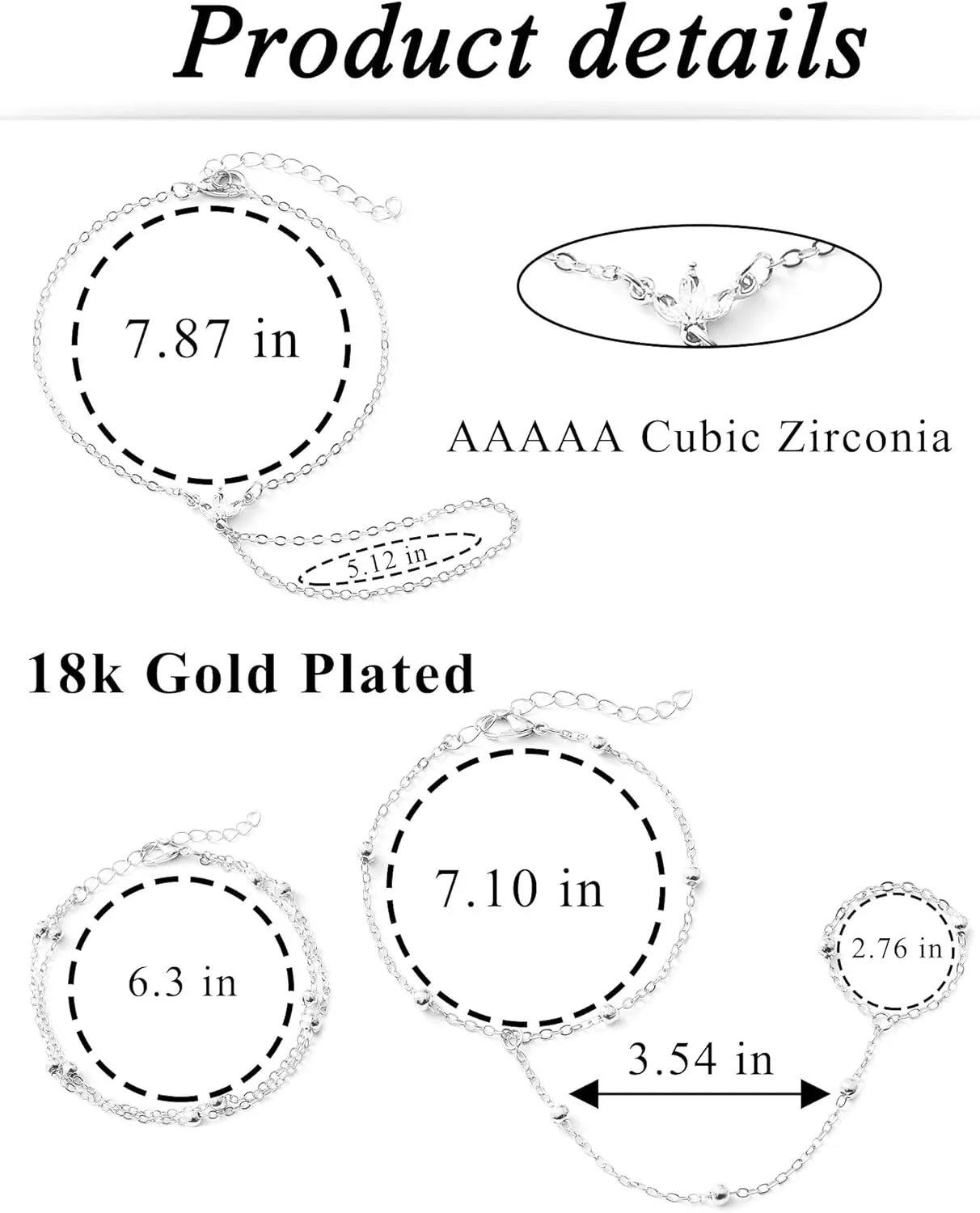Tornito 9Pcs Hand Chain Bracelet for Women 18k Gold Plated Ring Bracelet Cubic Zircon Bead Flower Finger Bracelet Hand Jewelry Silver Gold Tone Size Adjustable
