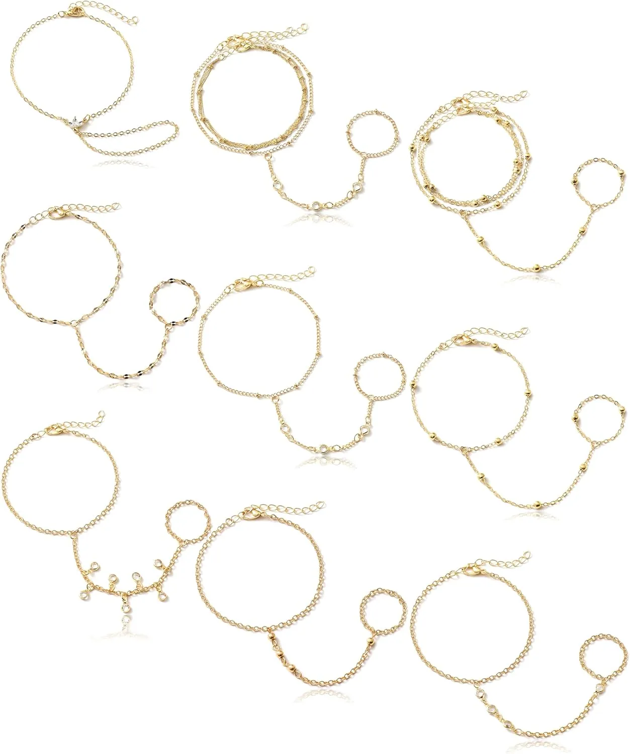 Tornito 9Pcs Hand Chain Bracelet for Women 18k Gold Plated Ring Bracelet Cubic Zircon Bead Flower Finger Bracelet Hand Jewelry Silver Gold Tone Size Adjustable