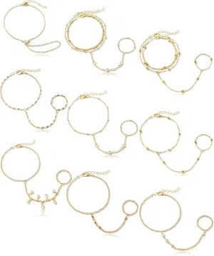 Tornito 9Pcs Hand Chain Bracelet for Women 18k Gold Plated Ring Bracelet Cubic Zircon Bead Flower Finger Bracelet Hand Jewelry Silver Gold Tone Size Adjustable