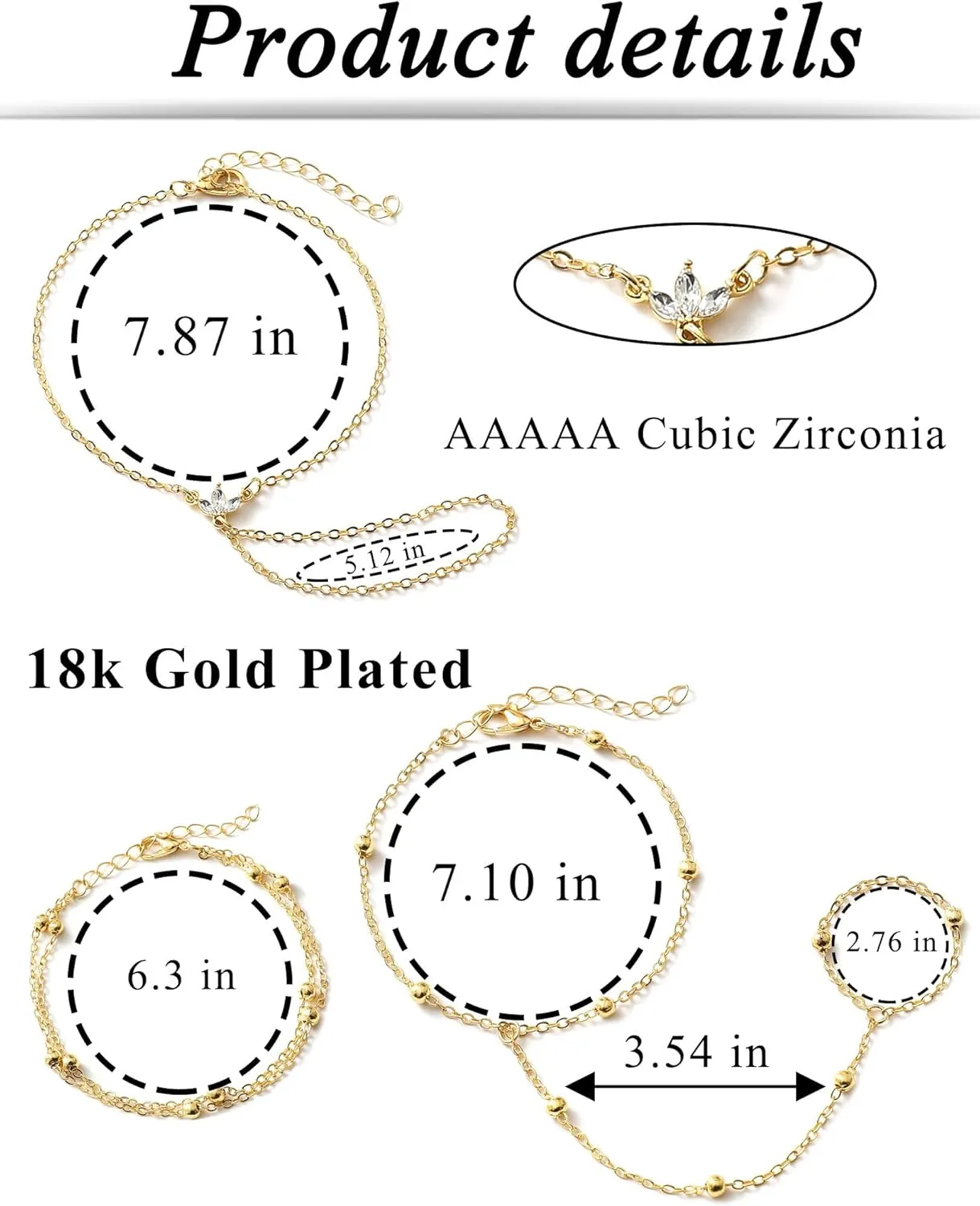 Tornito 9Pcs Hand Chain Bracelet for Women 18k Gold Plated Ring Bracelet Cubic Zircon Bead Flower Finger Bracelet Hand Jewelry Silver Gold Tone Size Adjustable
