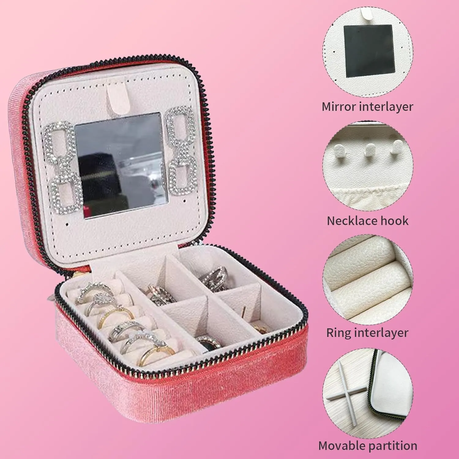 Travel Jewelry Box, Small Jewelry Case Organizer Portable Jewelry Box for Girls, Women with Mirror to Store Ring, Pendant, Earring, Necklace and Bracelet (Pink)