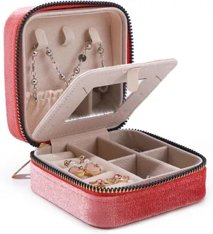 Travel Jewelry Box, Small Jewelry Case Organizer Portable Jewelry Box for Girls, Women with Mirror to Store Ring, Pendant, Earring, Necklace and Bracelet (Pink)