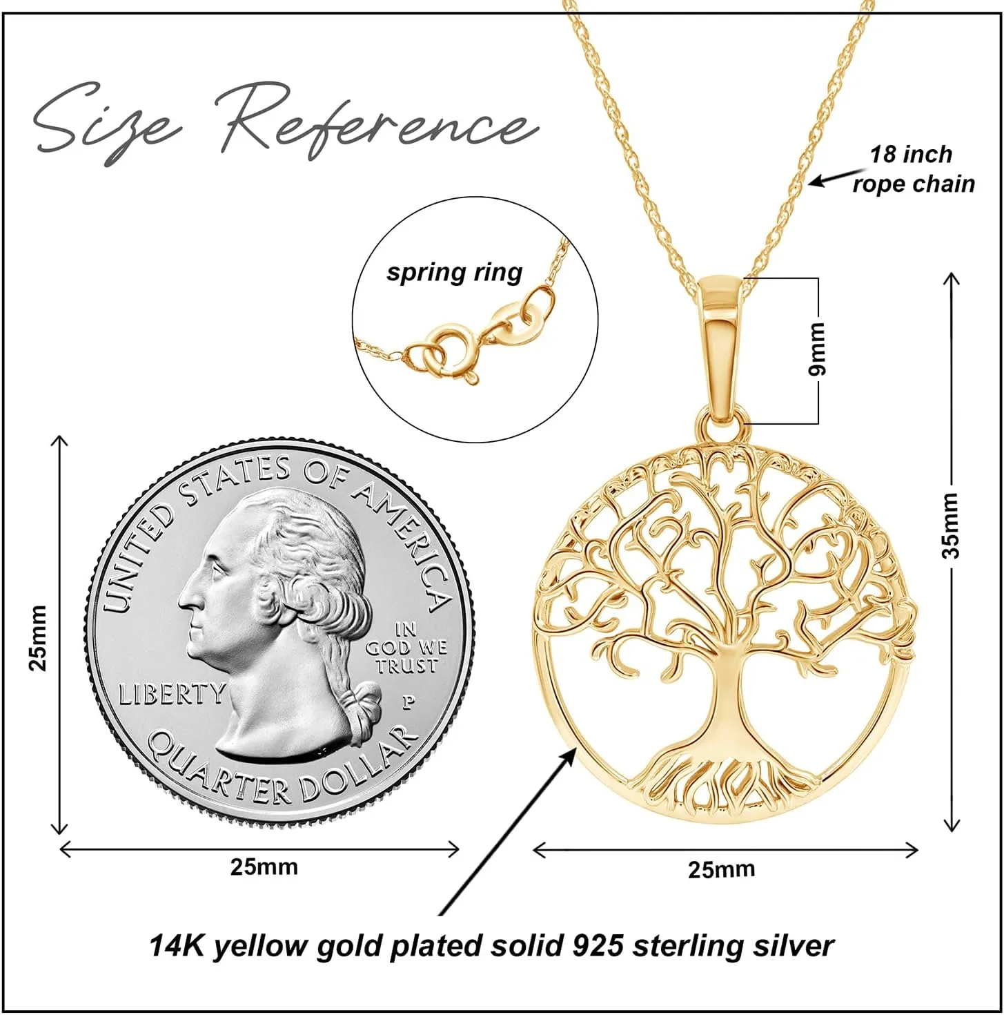 Tree of Life Pendant Necklace for Women in 14K Gold Plated 925 Sterling Silver Along With 18" Silver Rope Chain, Womens Jewelry, Gift for Her