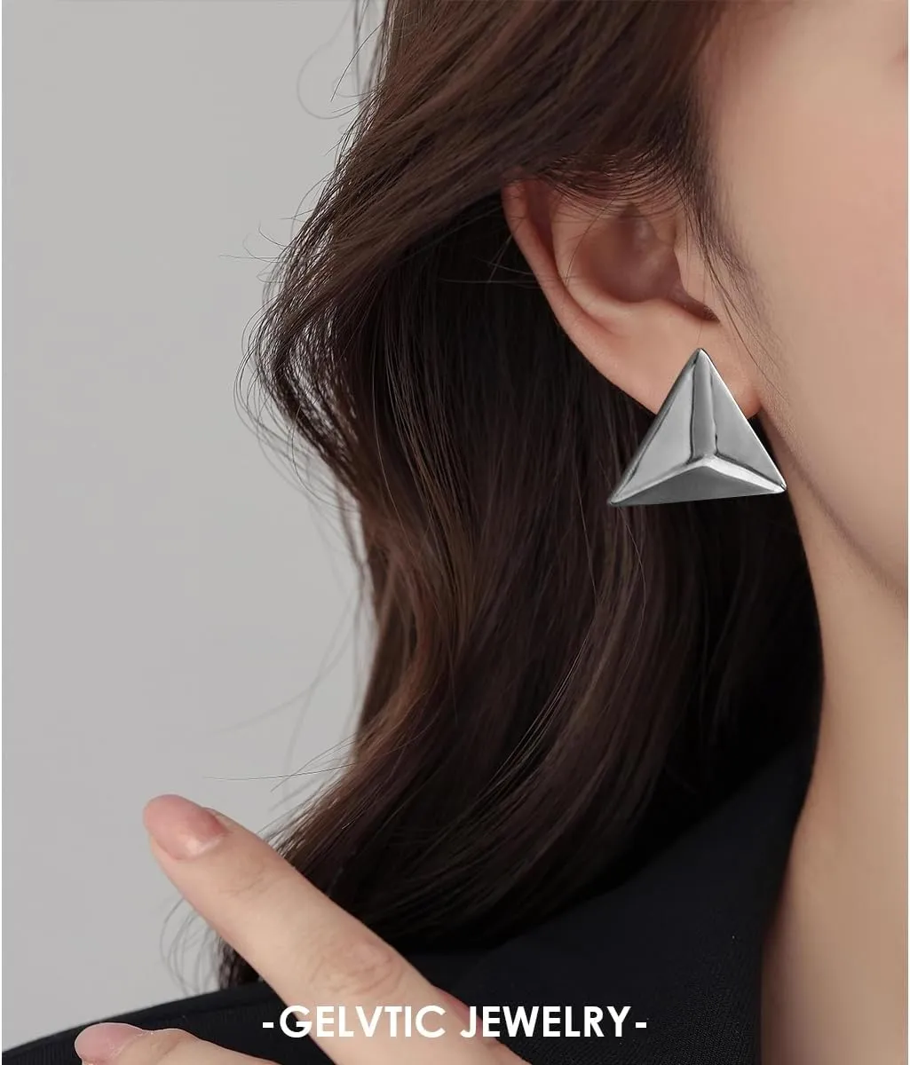Trendy Statement Earrings for Women Chunky Silver Huggie Hoop Stud Earrings Cubic Zirconia Gold Plated Dainty Simple Large Geometric Triangle Exaggerated Earring Lightweight Minimalist Jewelry for Women Friend