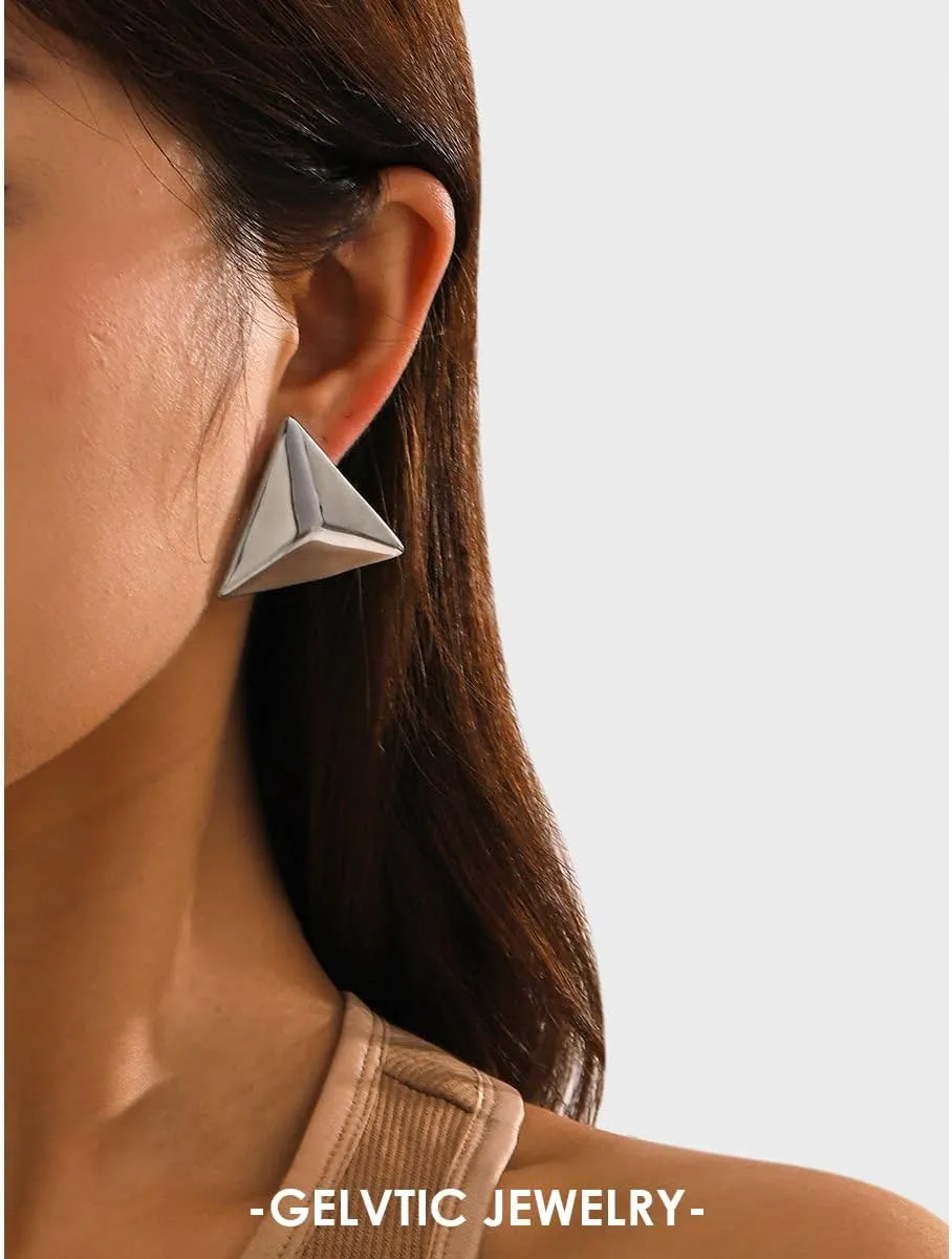 Trendy Statement Earrings for Women Chunky Silver Huggie Hoop Stud Earrings Cubic Zirconia Gold Plated Dainty Simple Large Geometric Triangle Exaggerated Earring Lightweight Minimalist Jewelry for Women Friend