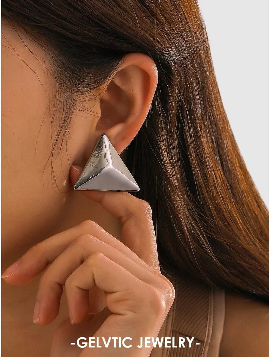 Trendy Statement Earrings for Women Chunky Silver Huggie Hoop Stud Earrings Cubic Zirconia Gold Plated Dainty Simple Large Geometric Triangle Exaggerated Earring Lightweight Minimalist Jewelry for Women Friend