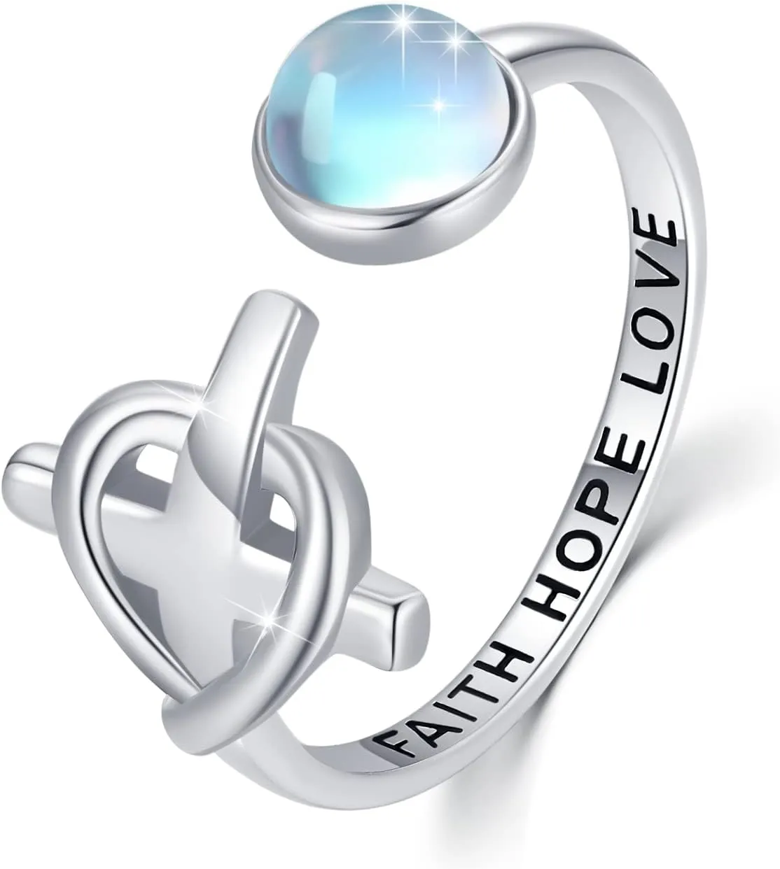 TUGHRA Faith Ring for Women Moonstone Rings Sterling Silver Cross Rings Confirmation Gifts for Teenage Dainty Moonstone Ring Wrap Stacking Statement Rings Cute Open Ring Jewelry Gifts