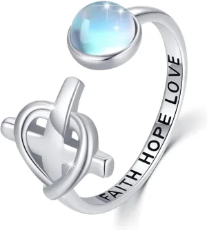 TUGHRA Faith Ring for Women Moonstone Rings Sterling Silver Cross Rings Confirmation Gifts for Teenage Dainty Moonstone Ring Wrap Stacking Statement Rings Cute Open Ring Jewelry Gifts
