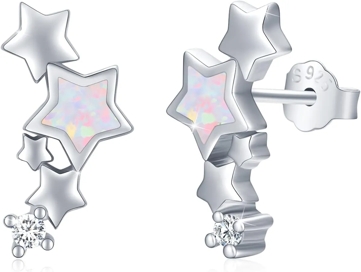 TUGHRA Sterling Silver Star Stud Earrings for Women  Dainty Small Opal, Moonstone, or Abalone Star Earrings with Zirconia Tail, Hypoallergenic Jewelry Gifts for Birthday, Mothers Day, or Everyday Wear