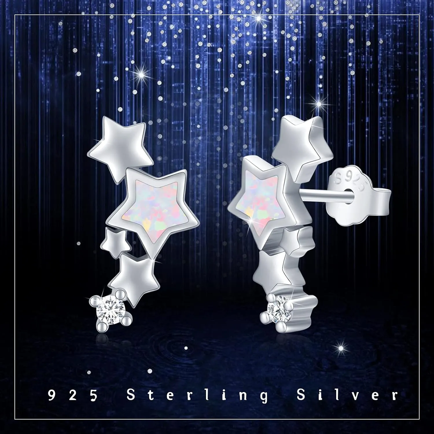TUGHRA Sterling Silver Star Stud Earrings for Women  Dainty Small Opal, Moonstone, or Abalone Star Earrings with Zirconia Tail, Hypoallergenic Jewelry Gifts for Birthday, Mothers Day, or Everyday Wear