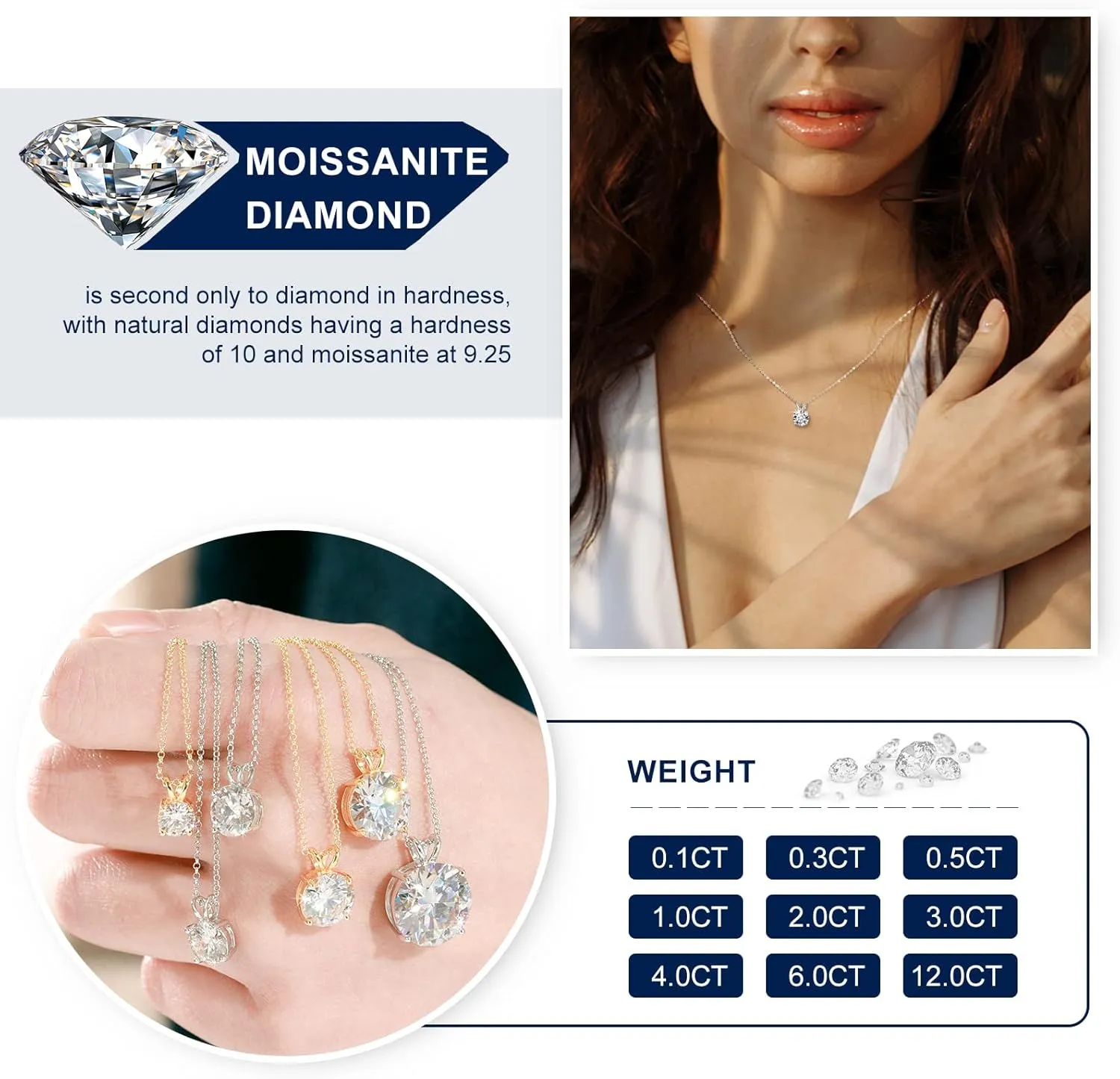 TUHE Moissanite Necklace for Women 0.1-12.0CT(3-15mm) Moissanite Pendant 18k Gold Plated Sterling Silver Necklace Round Solitaire Pendant with 18 2 Inch Chain Jewelry for Mom/Wife Mothers Day Gift