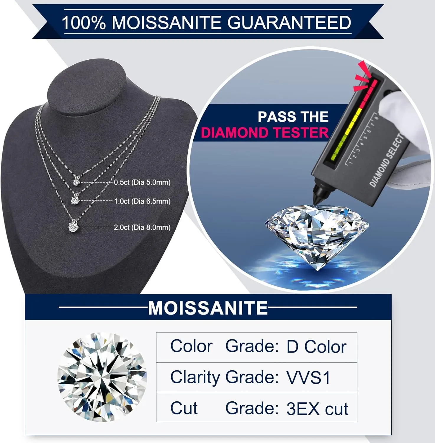 TUHE Moissanite Necklace for Women 0.1-12.0CT(3-15mm) Moissanite Pendant 18k Gold Plated Sterling Silver Necklace Round Solitaire Pendant with 18 2 Inch Chain Jewelry for Mom/Wife Mothers Day Gift