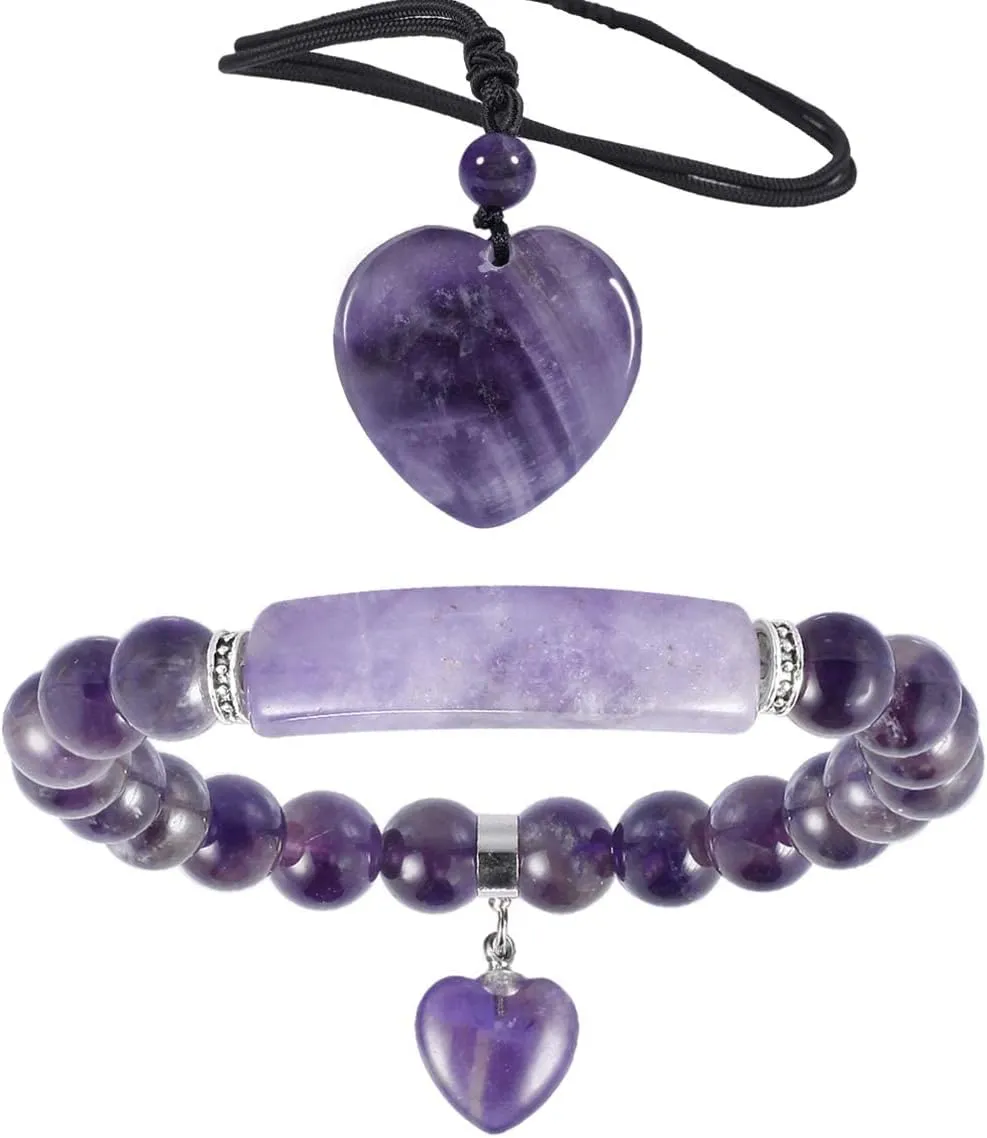 TUMBEELLUWA Healing Amethyst Crystal Stone Heart Charm Jewelry Set Crystal Energy Stretch Bracelet and Adjustable Carved Stone Heart Shape Pendant Necklace