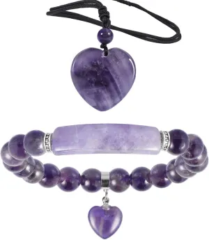TUMBEELLUWA Healing Amethyst Crystal Stone Heart Charm Jewelry Set Crystal Energy Stretch Bracelet and Adjustable Carved Stone Heart Shape Pendant Necklace