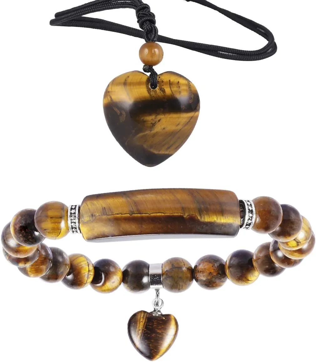 TUMBEELLUWA Healing Tiger's Eye Crystal Stone Heart Charm Jewelry Set Crystal Energy Stretch Bracelet and Adjustable Carved Stone Heart Shape Pendant Necklace