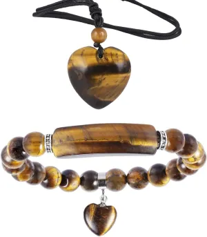TUMBEELLUWA Healing Tiger's Eye Crystal Stone Heart Charm Jewelry Set Crystal Energy Stretch Bracelet and Adjustable Carved Stone Heart Shape Pendant Necklace