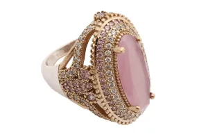 Turkish Handmade Jewelry Long Oval Shape Pink Cat's Eye Quartz and Round Cut Topaz 925 Sterling Silver Ring Size Option