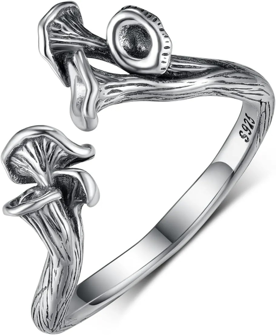 TYSO Chanterelle Mushroom Rings For Women Sterling Silver Vintage Cute Adjustable Open Wrap Ring Jewelry