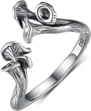 TYSO Chanterelle Mushroom Rings For Women Sterling Silver Vintage Cute Adjustable Open Wrap Ring Jewelry