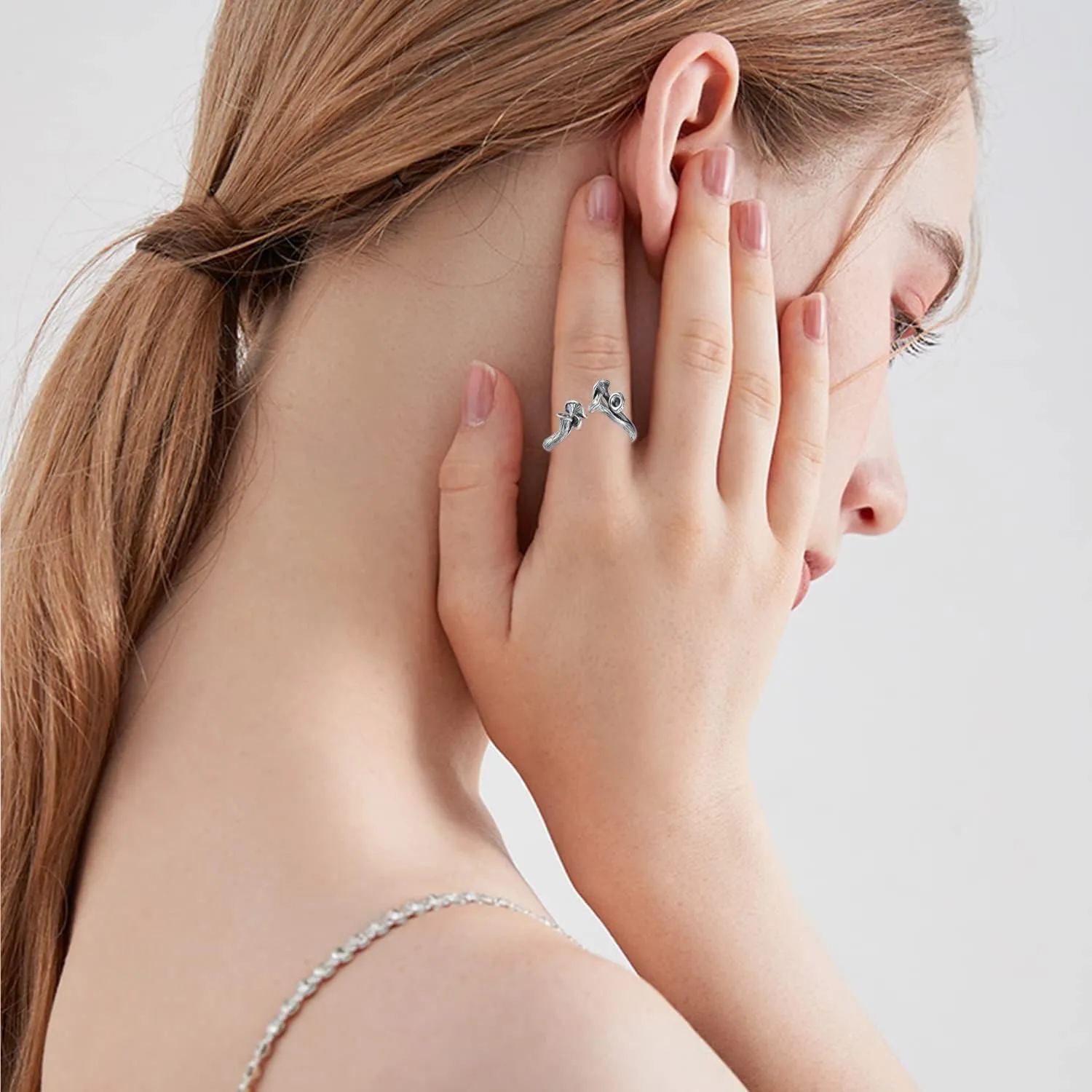 TYSO Chanterelle Mushroom Rings For Women Sterling Silver Vintage Cute Adjustable Open Wrap Ring Jewelry