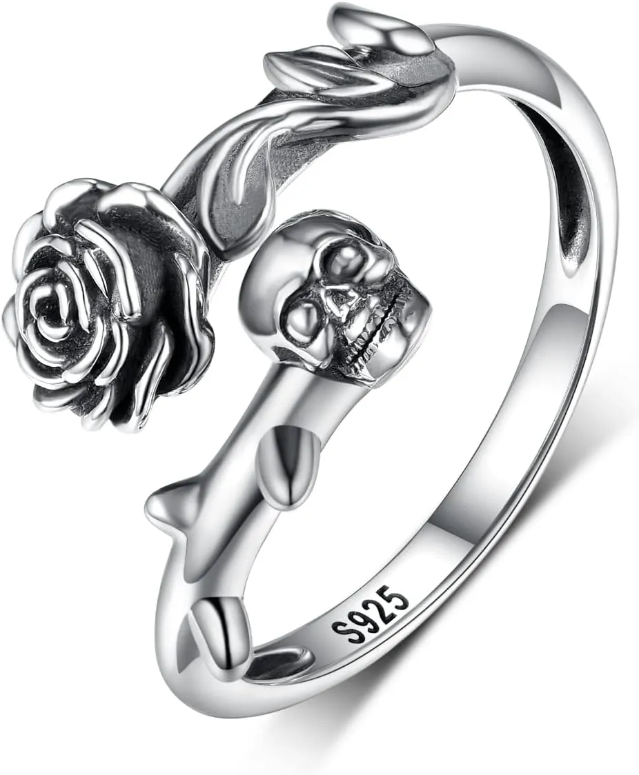 TYSO Skull Rings For Women 925 Sterling Silver Gothic Rings Open Wrap Rose Flower Goth Punk Ring