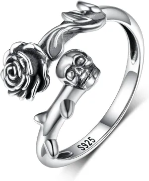 TYSO Skull Rings For Women 925 Sterling Silver Gothic Rings Open Wrap Rose Flower Goth Punk Ring