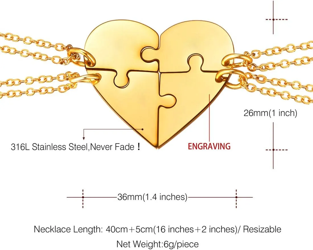 U7 BFF Necklace for 2/3/4/5/6 Women Girls Stainless Steel Personalized Family/Sibling/Friendship Jewelry Set Custom Best Friend Name Engrave Heart Puzzle Matching Pendant Necklaces