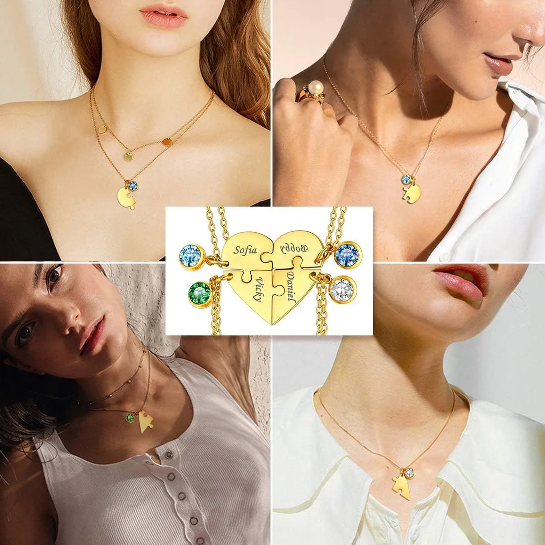 U7 BFF Necklace for 2/3/4/5/6 Women Girls Stainless Steel Personalized Family/Sibling/Friendship Jewelry Set Custom Best Friend Name Engrave Heart Puzzle Matching Pendant Necklaces