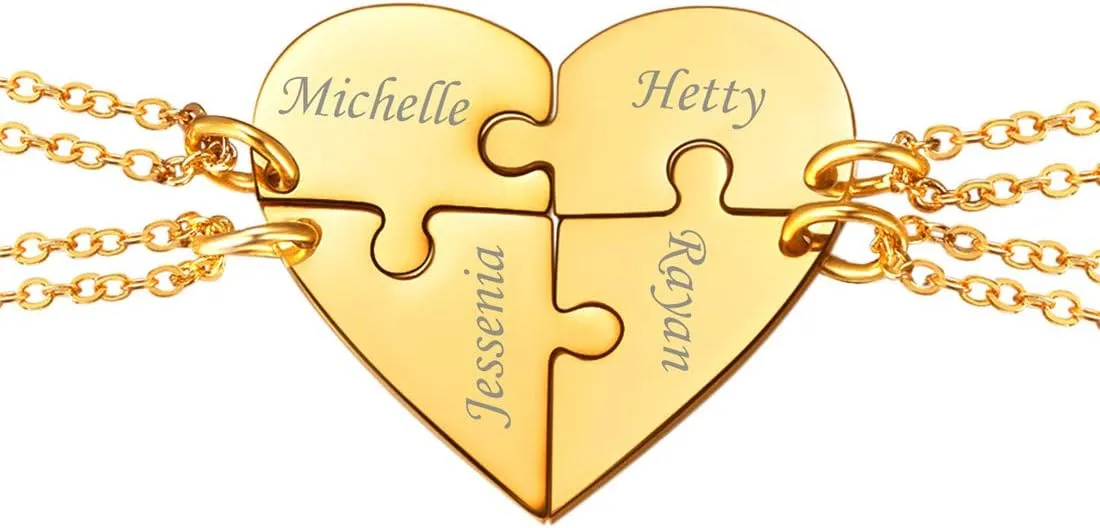 U7 BFF Necklace for 2/3/4/5/6 Women Girls Stainless Steel Personalized Family/Sibling/Friendship Jewelry Set Custom Best Friend Name Engrave Heart Puzzle Matching Pendant Necklaces
