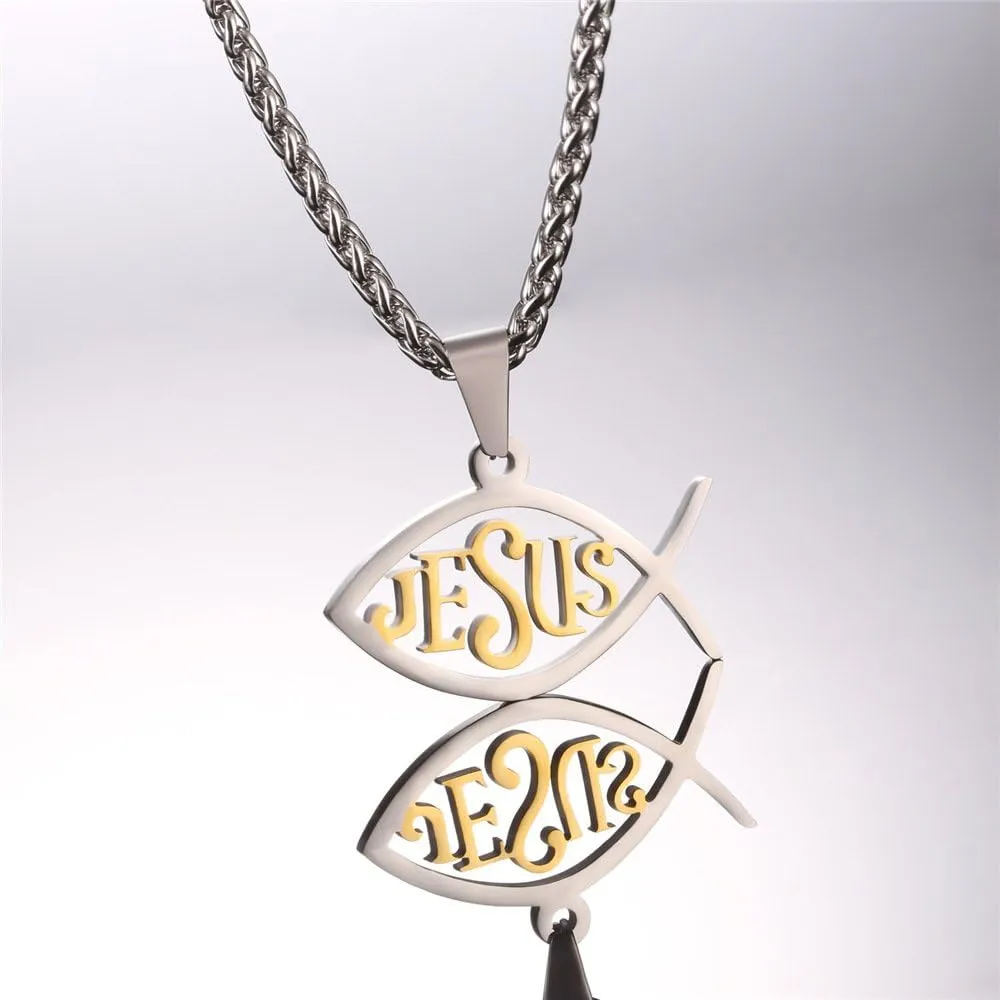 U7 Russian Orthodox Cross Pendant/Praying Hands/Ichthys Sign for Men Women Stainless Steel 18K Gold Plated Jesus Pendant Christian Religious Necklaces, Length 22" Silver Black Gold