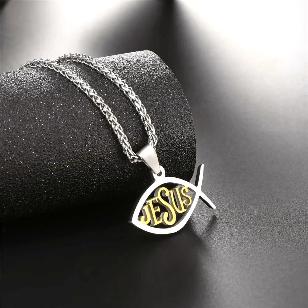 U7 Russian Orthodox Cross Pendant/Praying Hands/Ichthys Sign for Men Women Stainless Steel 18K Gold Plated Jesus Pendant Christian Religious Necklaces, Length 22" Silver Black Gold