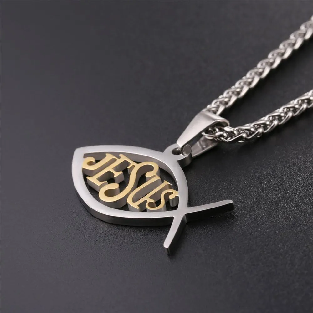 U7 Russian Orthodox Cross Pendant/Praying Hands/Ichthys Sign for Men Women Stainless Steel 18K Gold Plated Jesus Pendant Christian Religious Necklaces, Length 22" Silver Black Gold