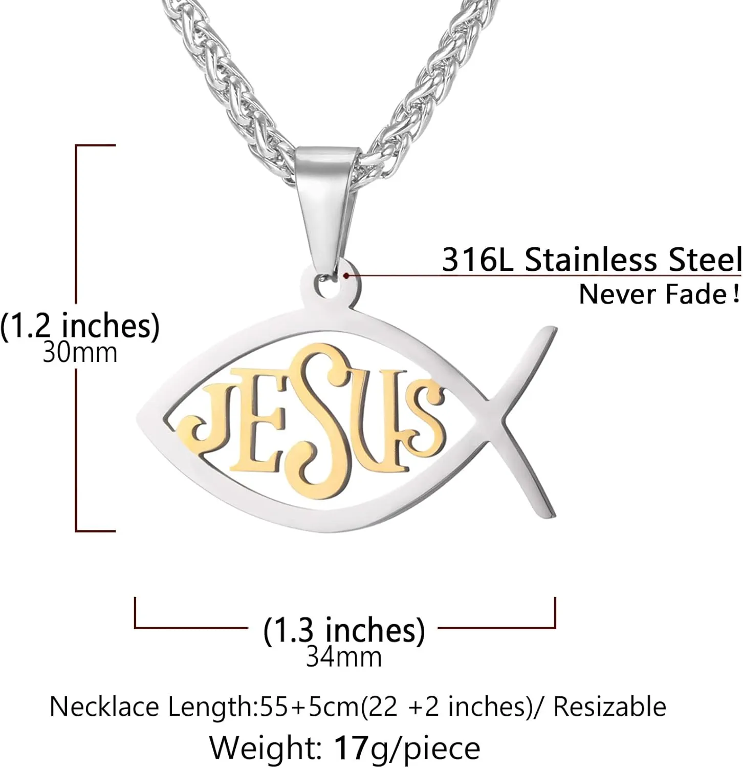 U7 Russian Orthodox Cross Pendant/Praying Hands/Ichthys Sign for Men Women Stainless Steel 18K Gold Plated Jesus Pendant Christian Religious Necklaces, Length 22" Silver Black Gold