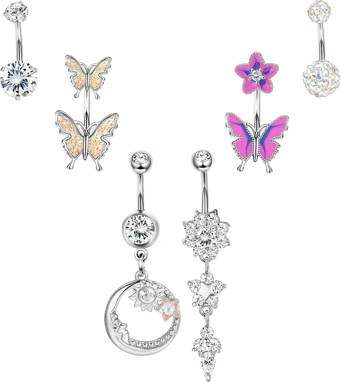 Ubjuliwa 6Pcs Stainless Steel Dangle Belly Button Rings for Women Butterfly Moon Cz Navel Ring Body Piercing Jewelry 14G