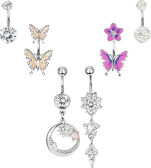 Ubjuliwa 6Pcs Stainless Steel Dangle Belly Button Rings for Women Butterfly Moon Cz Navel Ring Body Piercing Jewelry 14G
