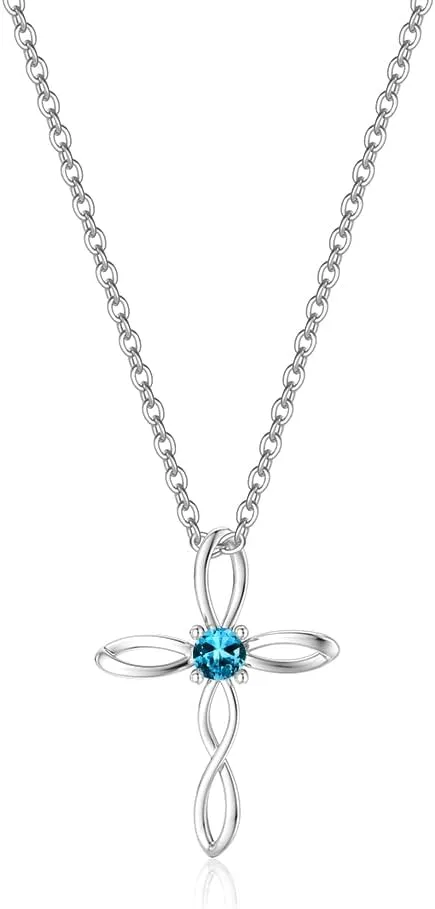 UEUC Silver Birth Stones Cross Necklace for Women Infinity Heart Religious Faith Zircon Cross Necklace for Ladies Jewelry Gifts 18 2 Chain