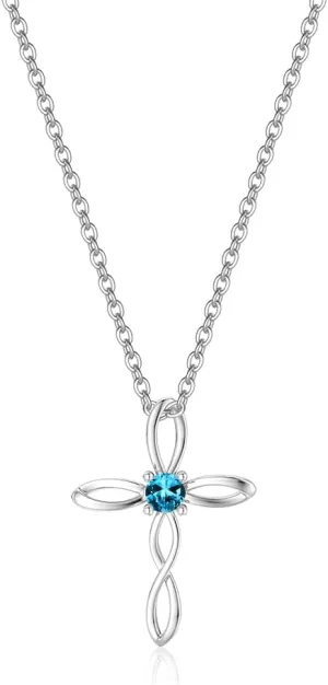 UEUC Silver Birth Stones Cross Necklace for Women Infinity Heart Religious Faith Zircon Cross Necklace for Ladies Jewelry Gifts 18 2 Chain