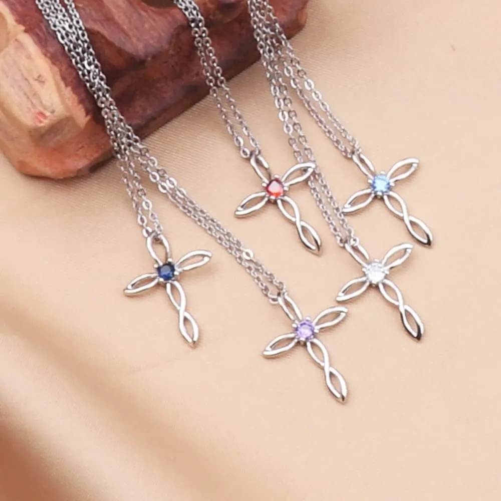 UEUC Silver Birth Stones Cross Necklace for Women Infinity Heart Religious Faith Zircon Cross Necklace for Ladies Jewelry Gifts 18 2 Chain