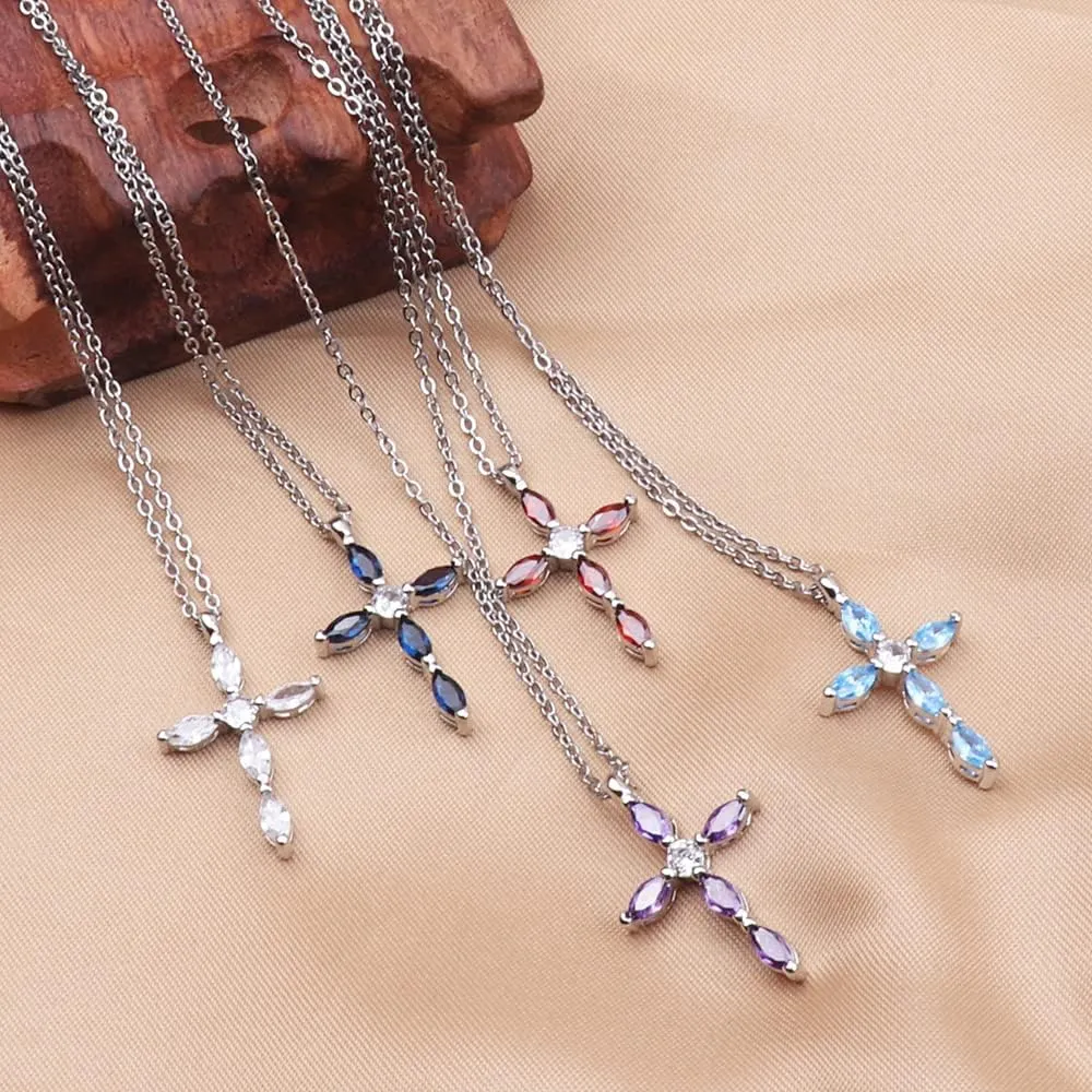 UEUC Silver Birth Stones Cross Necklace for Women Infinity Heart Religious Faith Zircon Cross Necklace for Ladies Jewelry Gifts 18 2 Chain