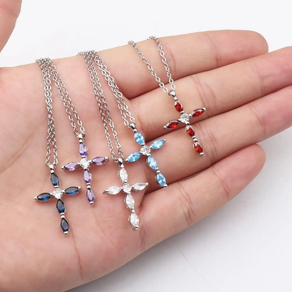 UEUC Silver Birth Stones Cross Necklace for Women Infinity Heart Religious Faith Zircon Cross Necklace for Ladies Jewelry Gifts 18 2 Chain