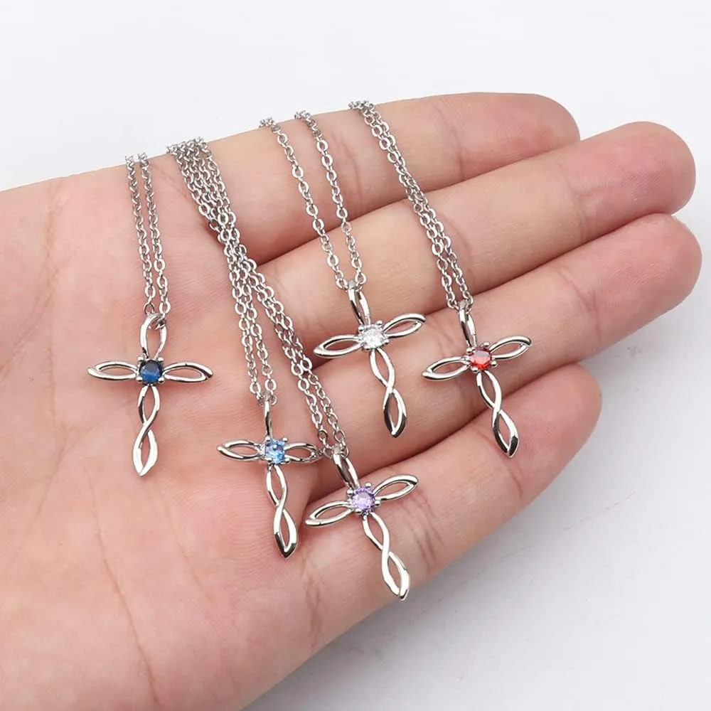 UEUC Silver Birth Stones Cross Necklace for Women Infinity Heart Religious Faith Zircon Cross Necklace for Ladies Jewelry Gifts 18 2 Chain